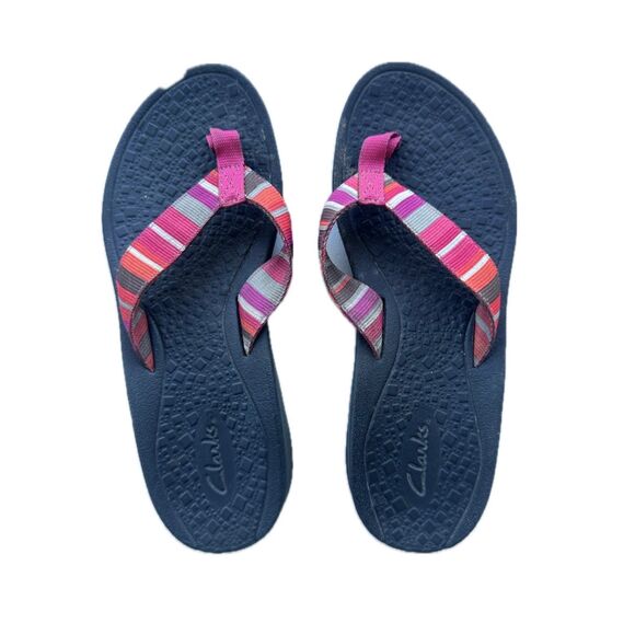 Clarks Tate Muse Pink Multi-Stripe Flip Flops Thong Sandals 8 - Picture 1 of 6
